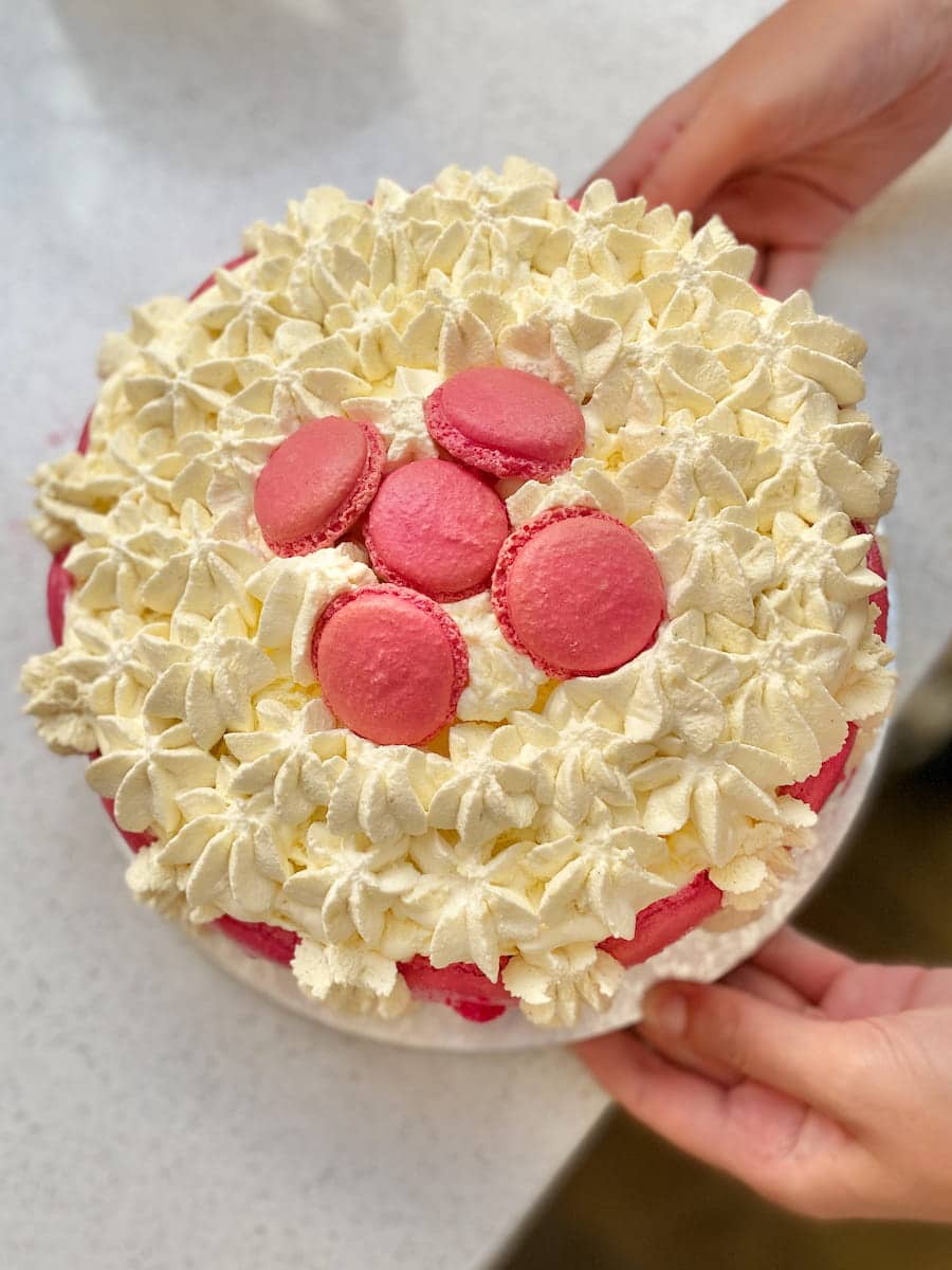 holding an ice cream cake decorated with piped cream and pink macarons