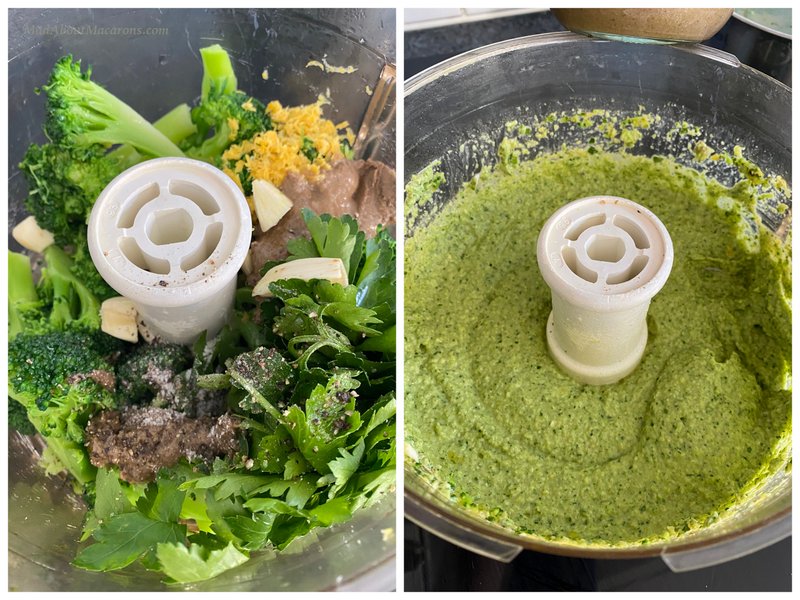 mixing up broccoli, garlic, parsley, tahini and seasoning in a mixer