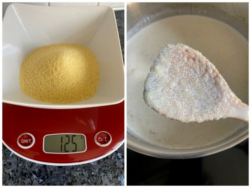 measuring out semolina grains with a kitchen scale and stirring the grains in milk