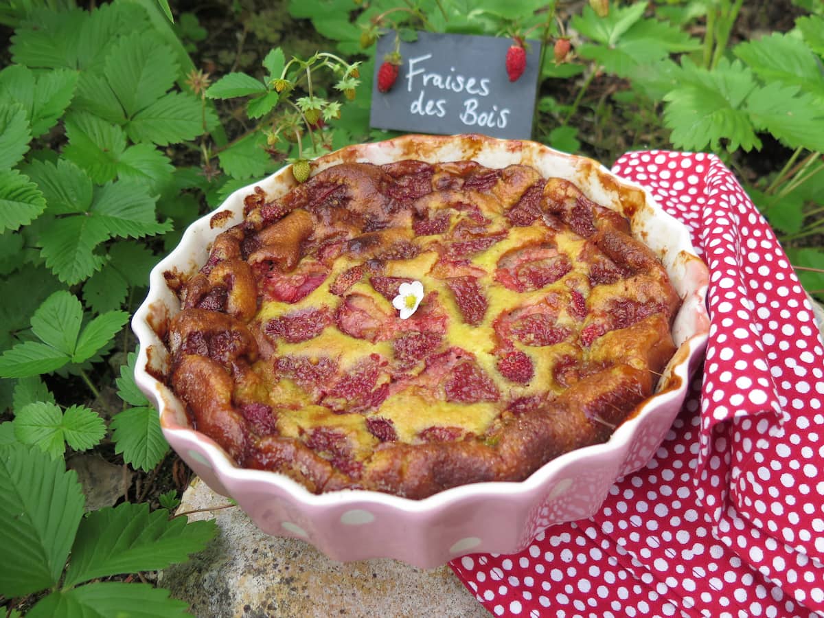 strawberry clafoutis topped with strawberry flower in the garden