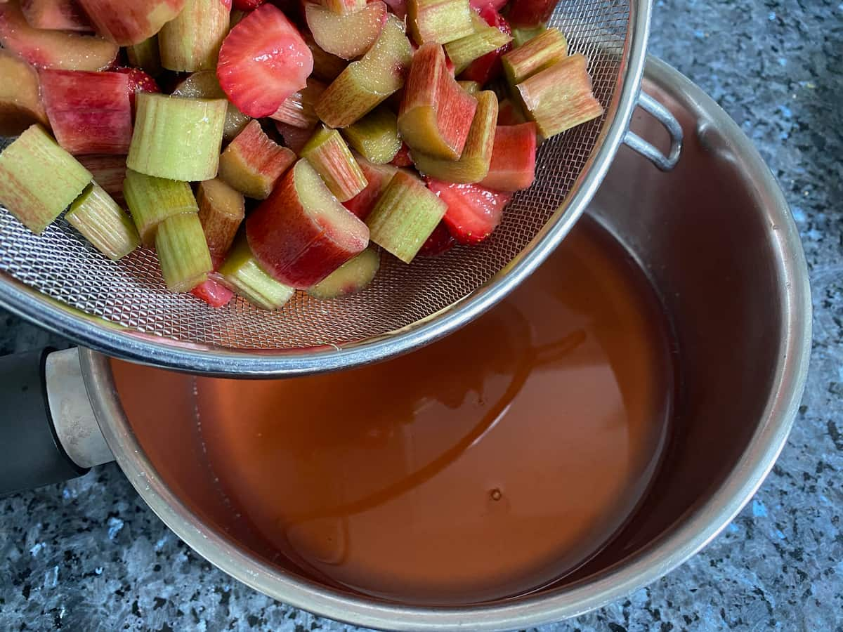 macerated rhubarb chunks separated with its syrup