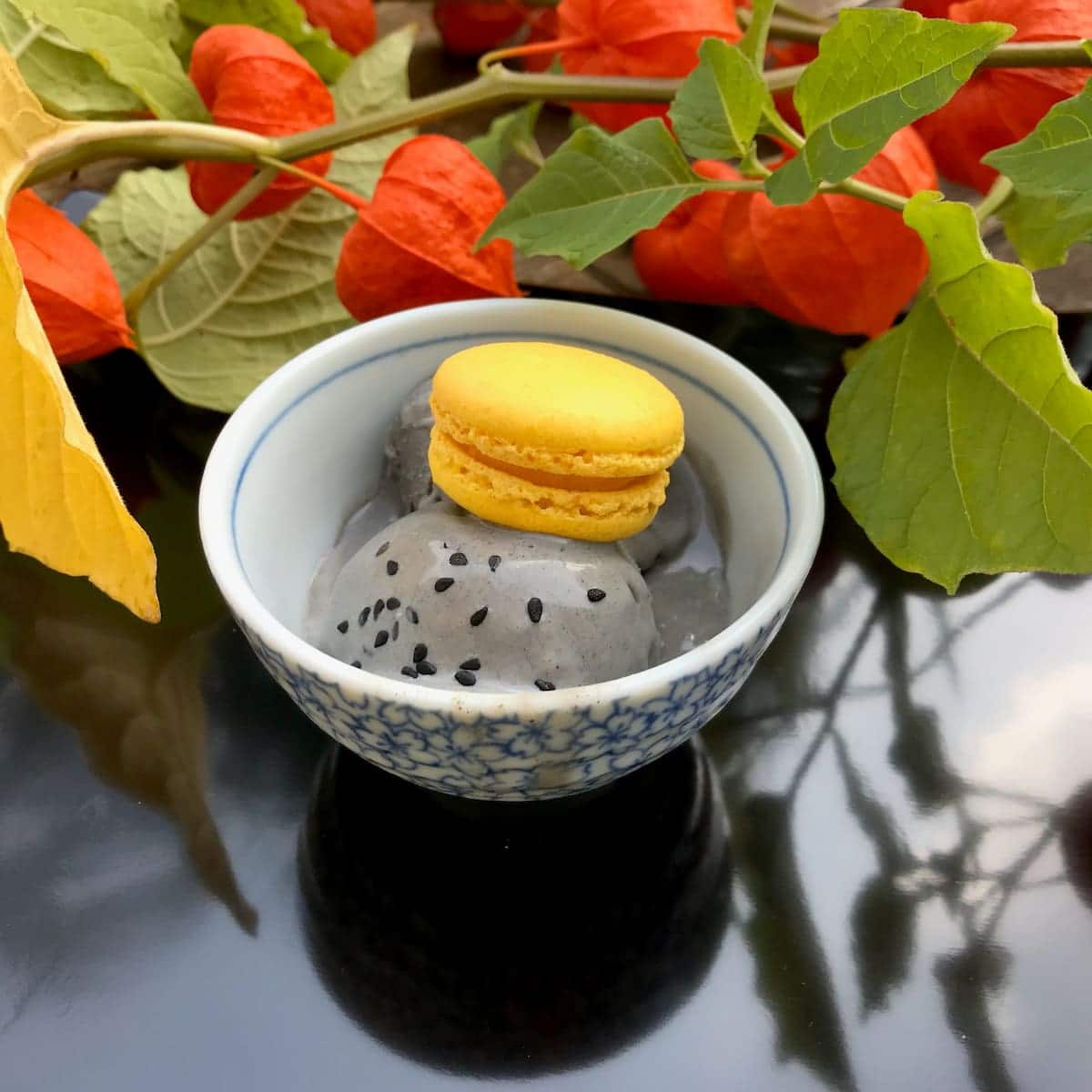 Japanese bowl of black sesame ice cream topped with a yellow macaron