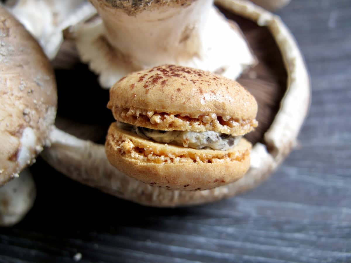 mushroom macaron on a portobello mushroom