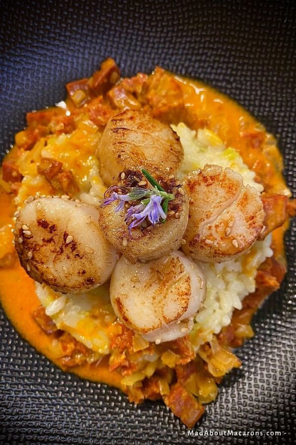 chorizo risotto prawns seared scallops