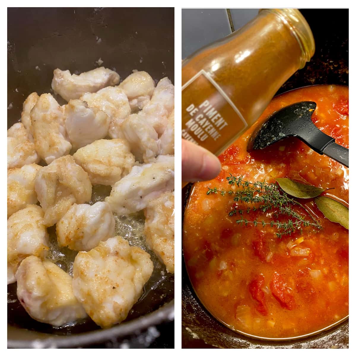 cooking fish separately in a pot and making a spicy tomato and onion sauce