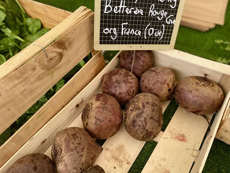 crate of raw beetroot at the French market