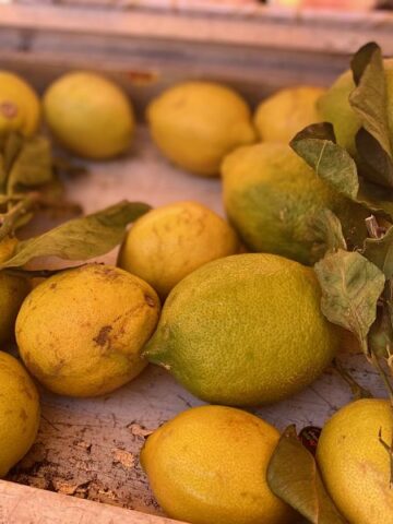 Lemons and limes in a box with leaf branches at the French market