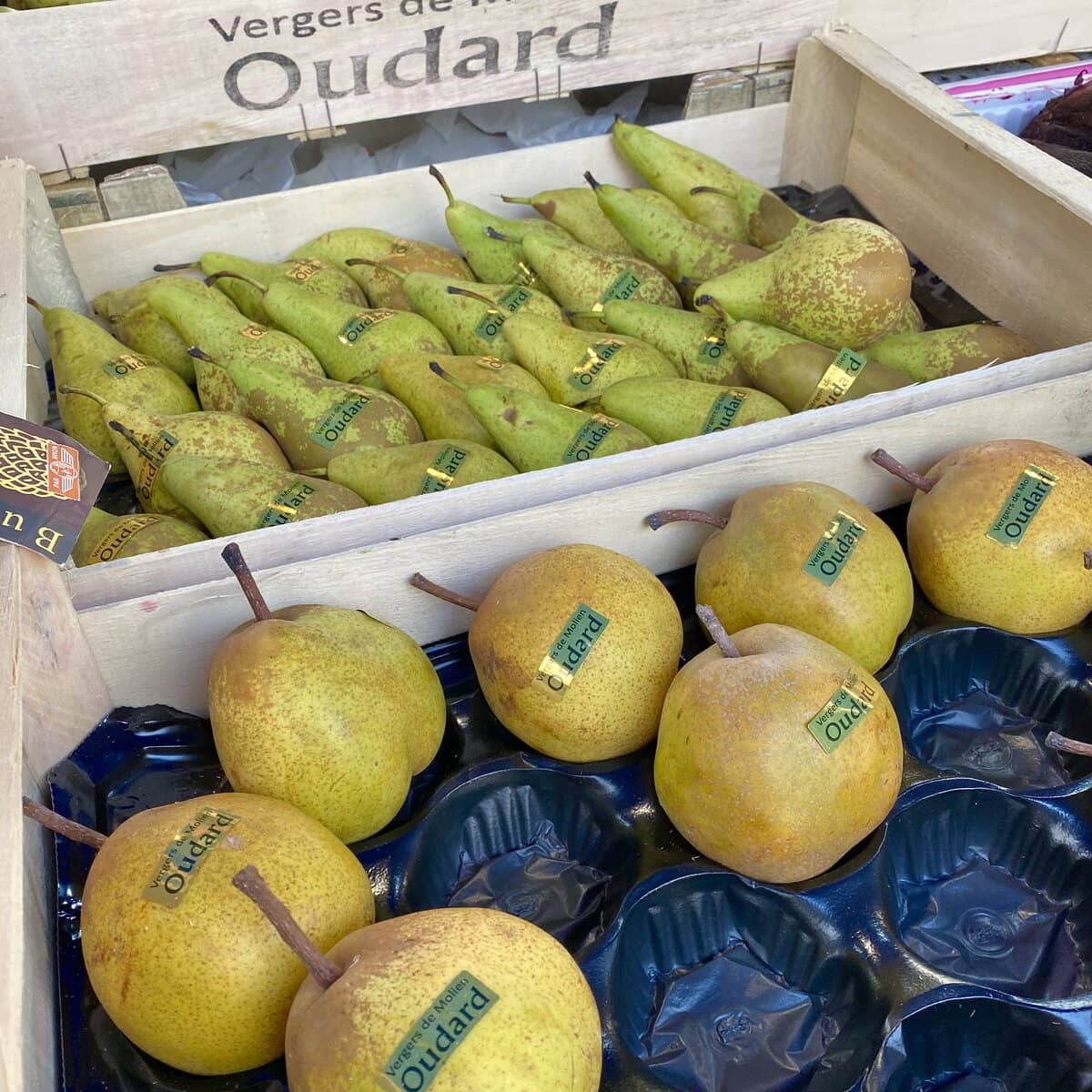 crates of pears at the french market