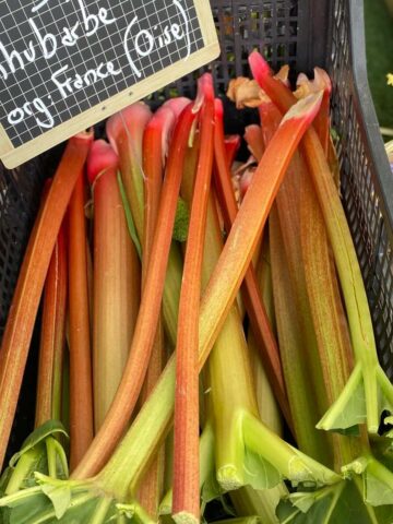 stalks of rhubarb in a crate at the market