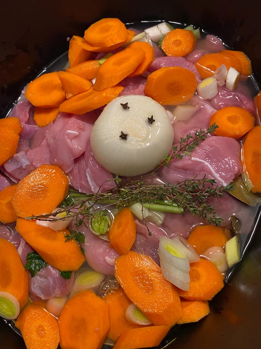 thickly sliced carrots added to a French veal stew