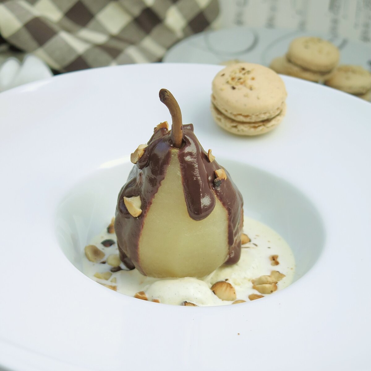French classic dessert pear chocolate sauce ice cream