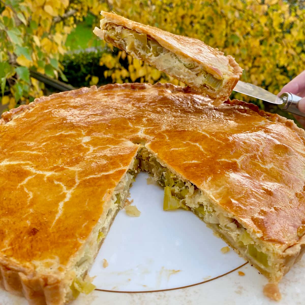 a slice out of a golden leek pie to see inside the crust