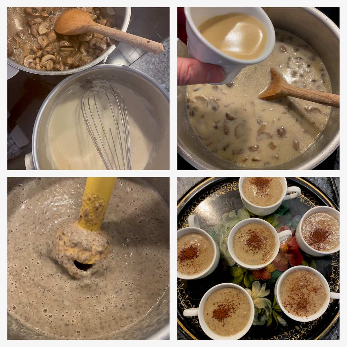 4 images for step-by-step method to make mushroom soup, adding an espresso coffee then blitzing with a hand blender