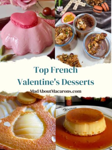 top French valentine's desserts with creme caramel, chocolate passion mousse, pear almond tart and a rose pudding