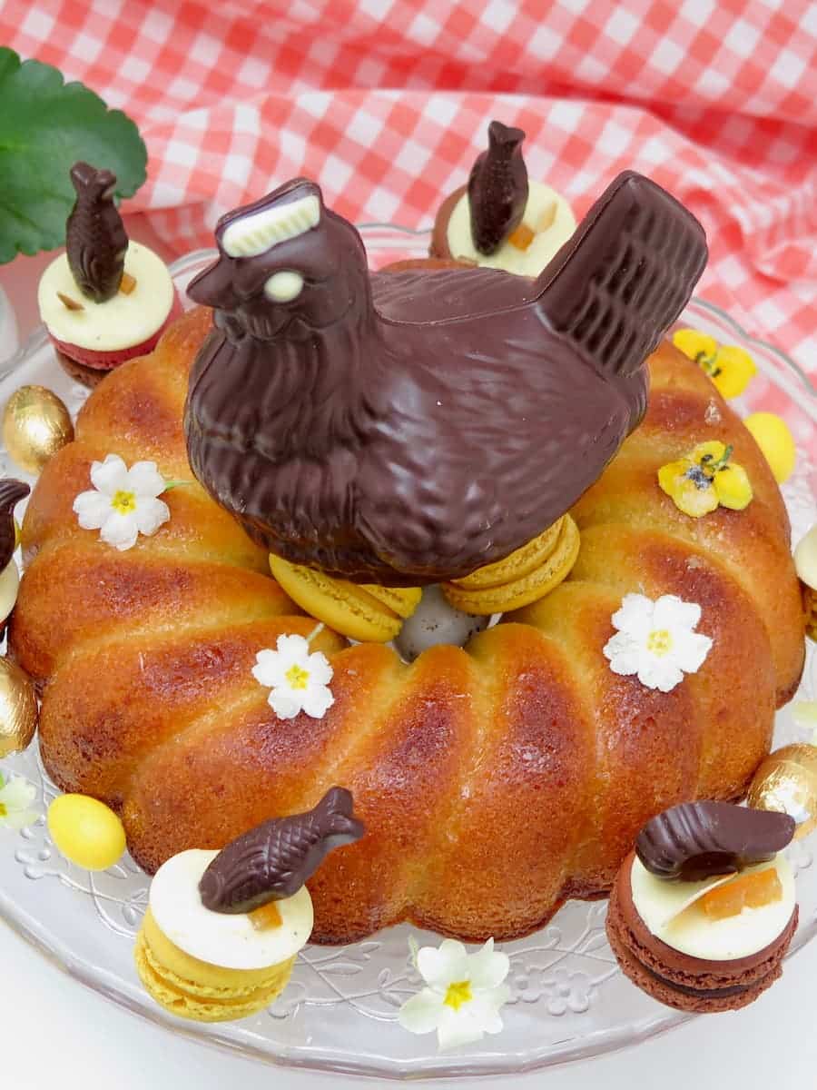 Easter nest shaped cake with shiny glaze and a chocolate hen sitting on top with macaron cookies