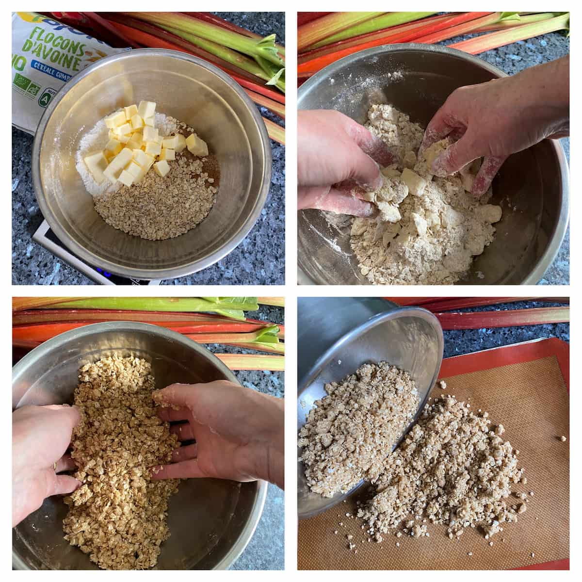 rubbing butter into oats and flour then toasting to make a crunchy crumble