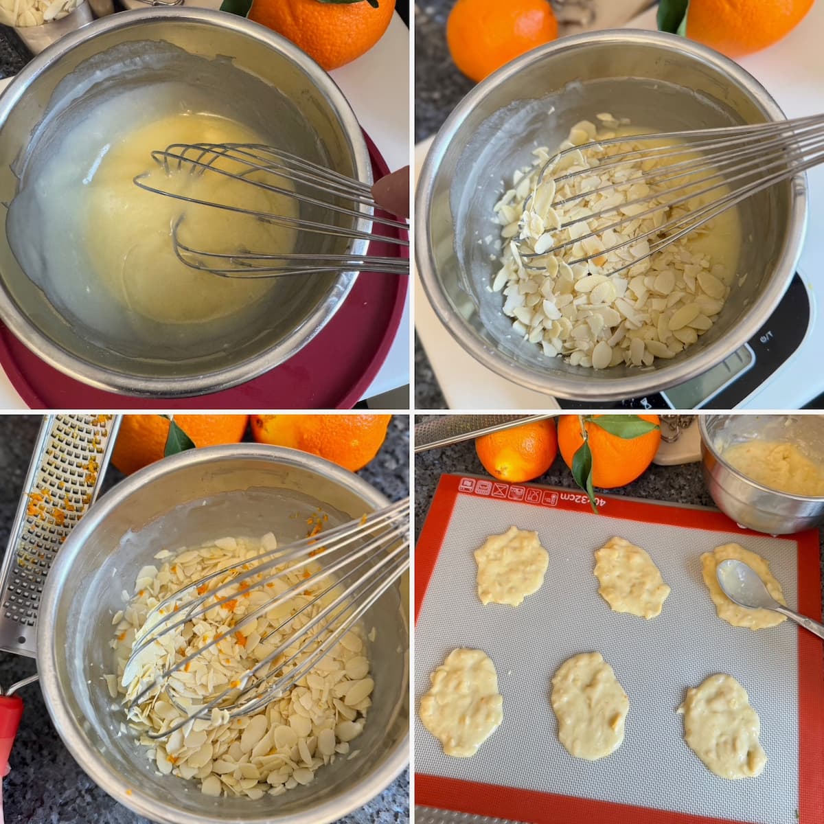 tuiles recipe steps mixing melted butter with flour, sugar and egg whites, then mixing in flaked almonds and spreading out on a baking sheet