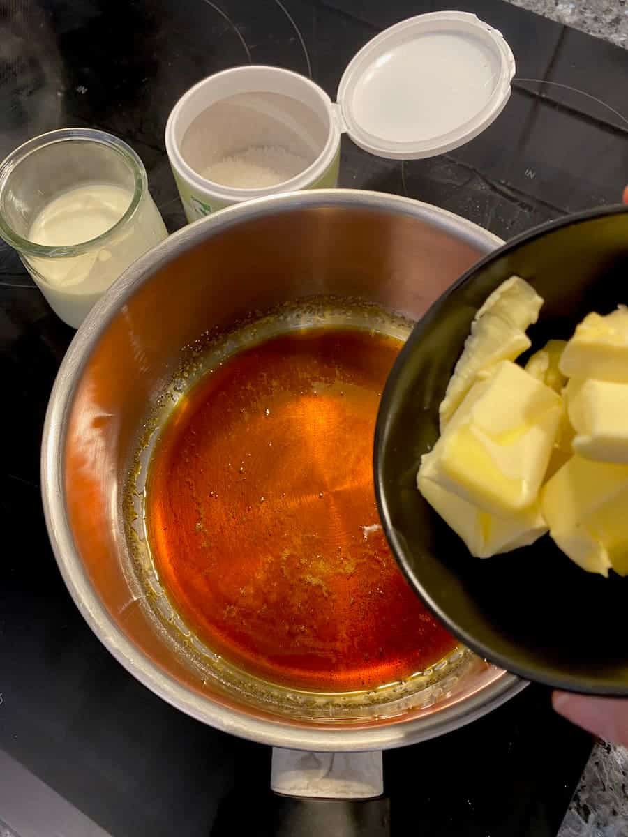 ingredients for salted caramel: sugar, butter, cream and salt