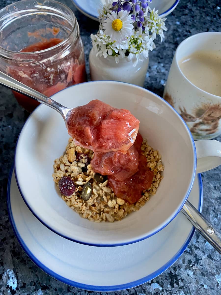 bowl of granola with a spoonful of rhubarb compote