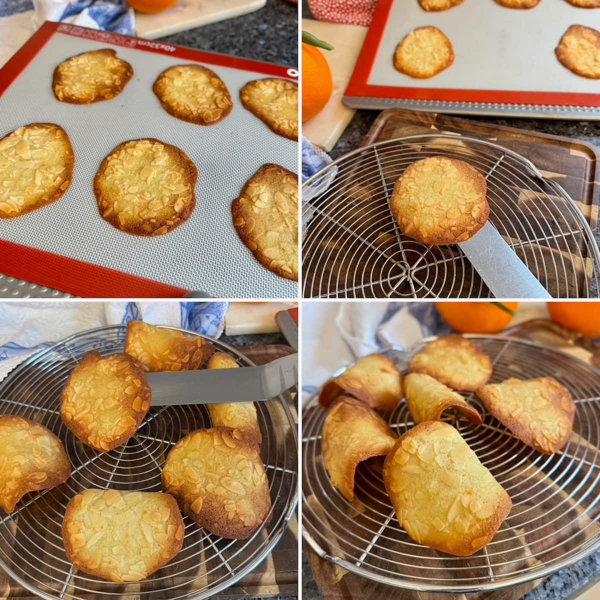 shaping tuiles cookies while hot from the oven, pushing them in the grooves of a cooking rack to curve them into a tile shape