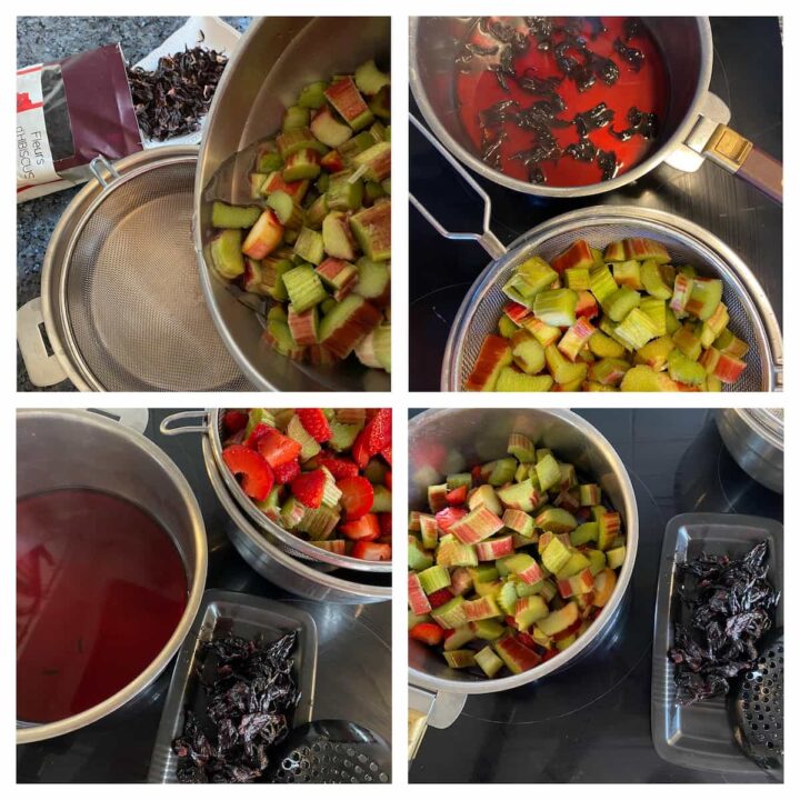 rhubarb compote ingredients - chopped rhubarb in sugar with optional dried hibiscus flowers