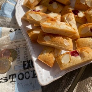 golden bar shaped financier cakes