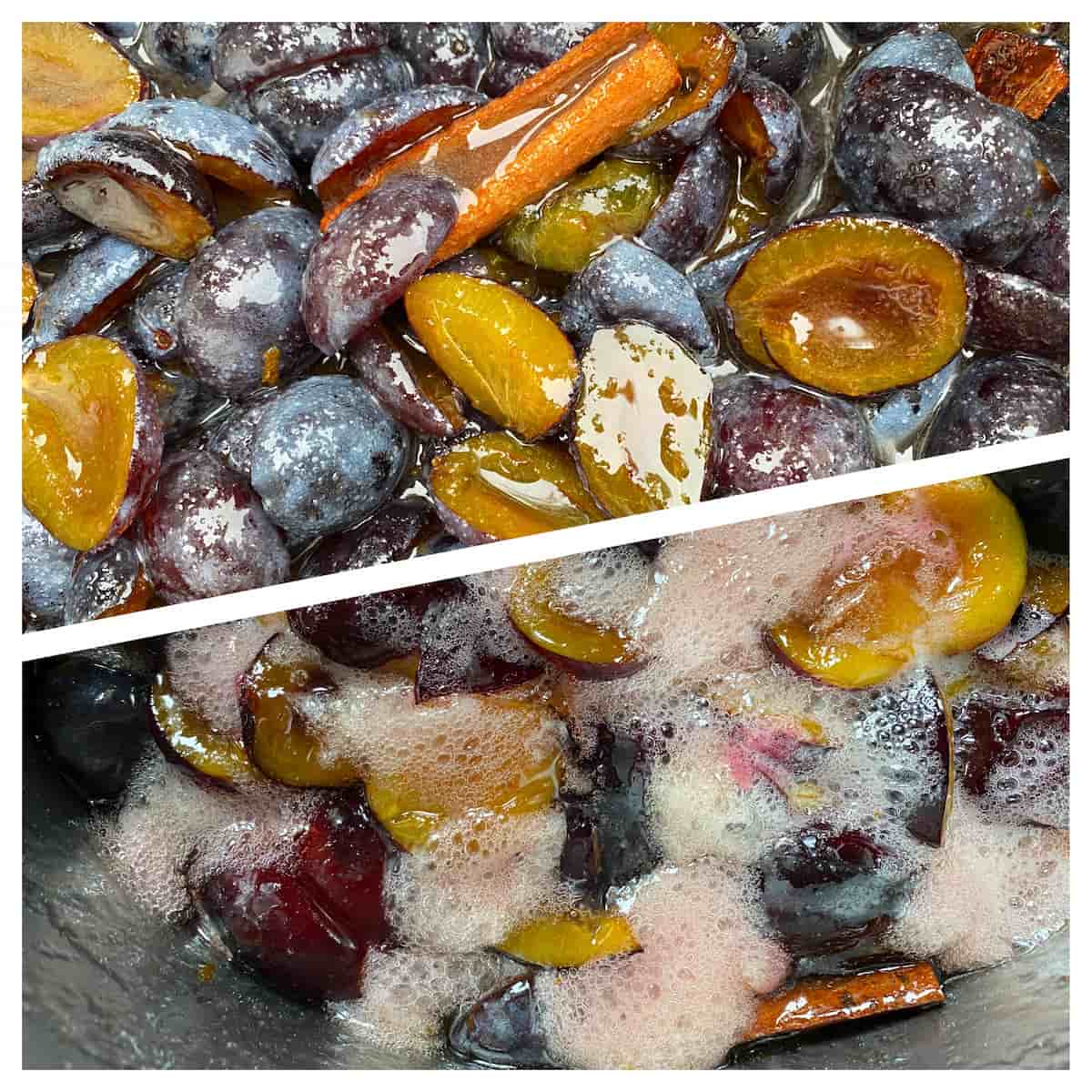 before and after shot of making plum jam and what scum looks like