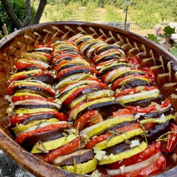 French tian, a classic French dish of thinly sliced baked summer vegetables