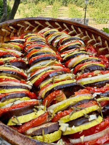 French tian, a classic French dish of thinly sliced baked summer vegetables