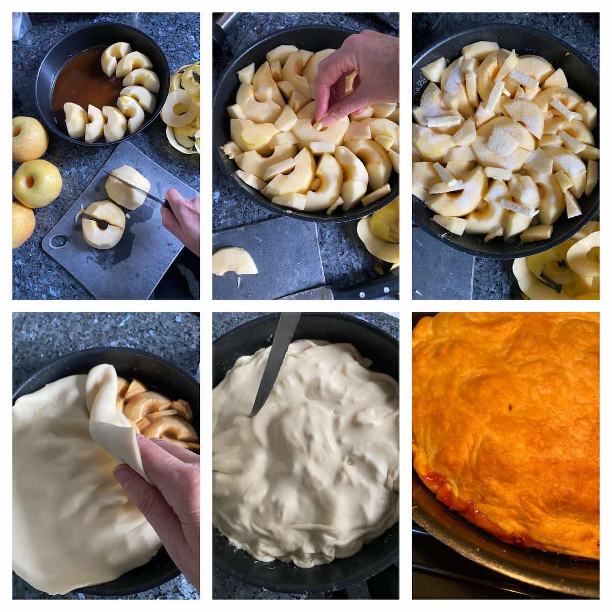 6 steps how to prepare the apples and fill the pan for a tarte tatin