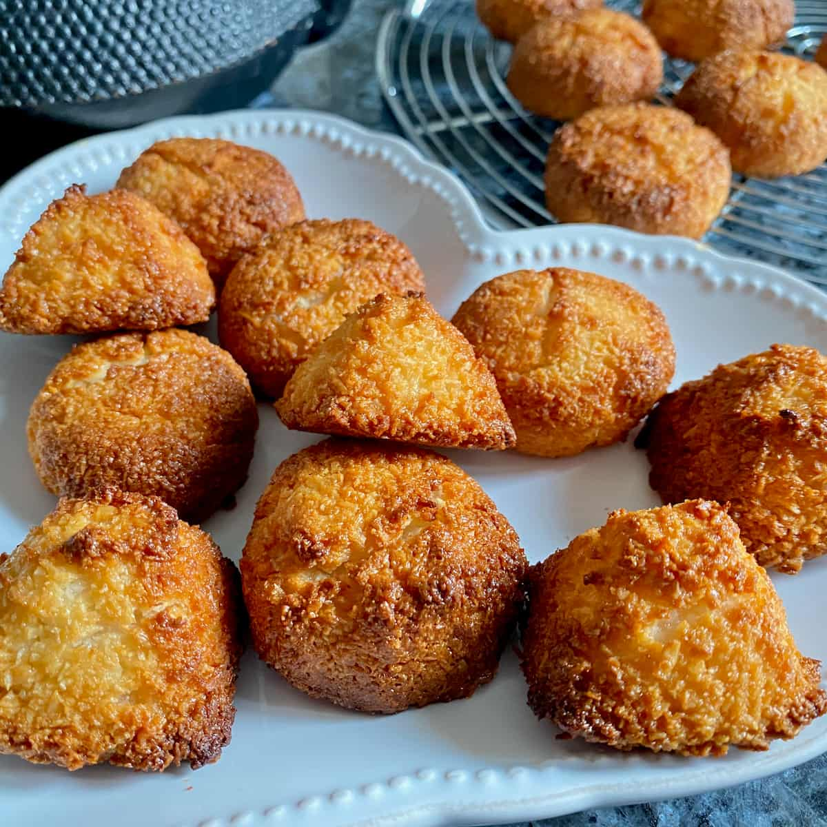 toasted coconut macaroons with less sugar, shaped in rounds and pyramids