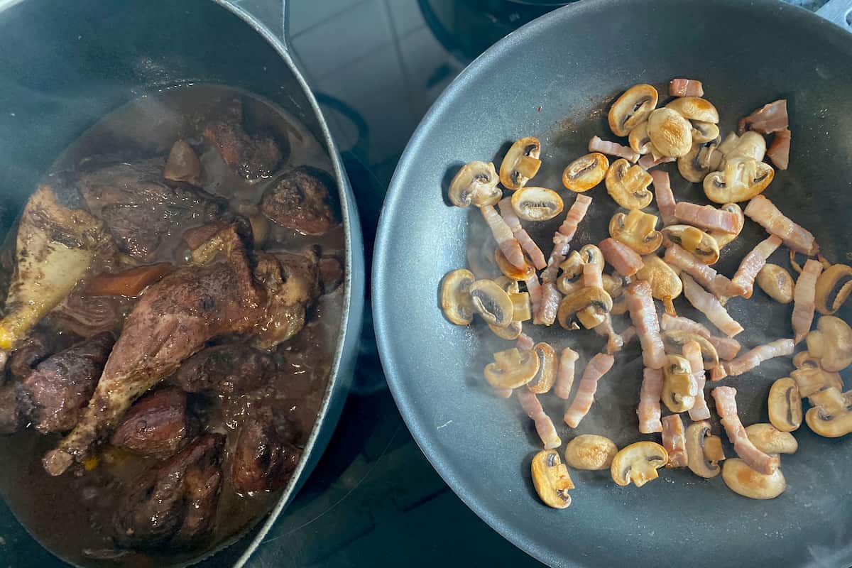 cooking mushrooms and bacon separately from the chicken stew