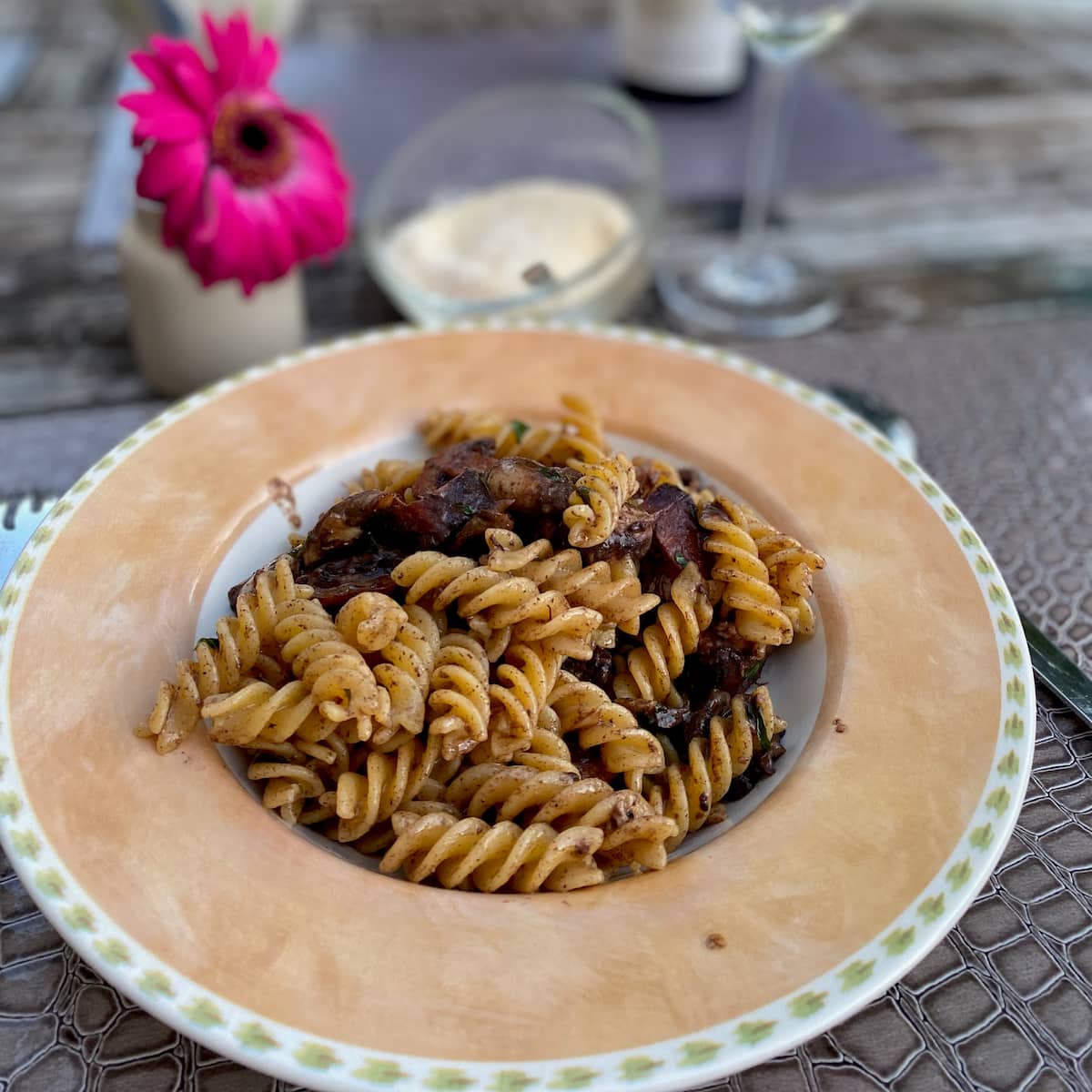 bowl of spiral pasta shapes with dark meat sauce