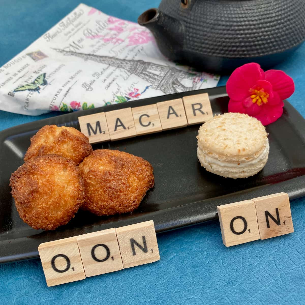 macaroon vs macaron showing the difference between dark coconut cookies and a Parisian gluten free cookie