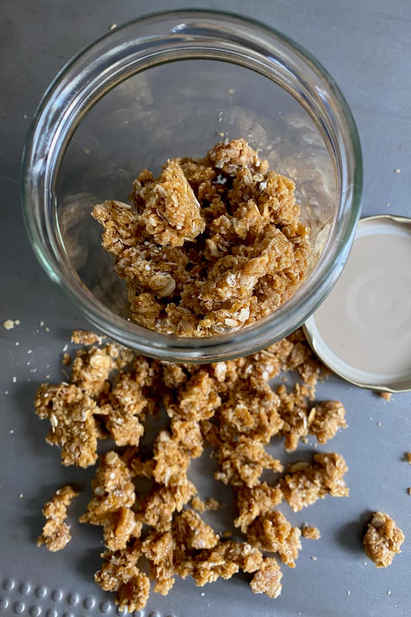 nut free praline in a jar made with caramel and oats