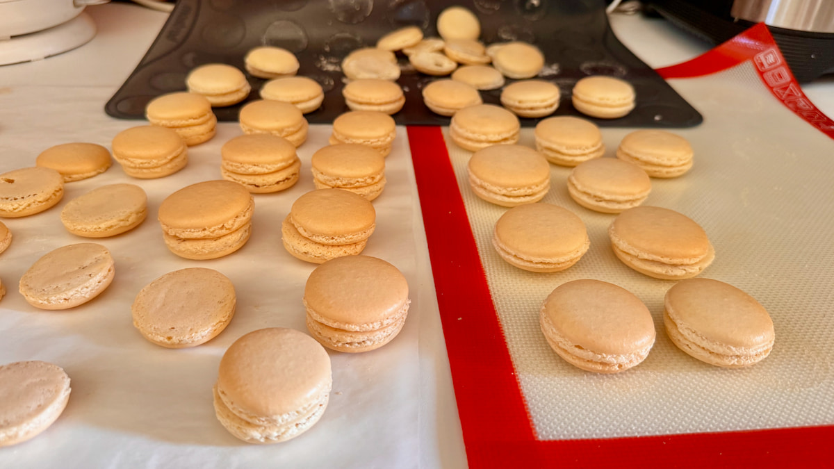 French macaron shells baked on silicone mats and baking paper, showing the different appearance of the shells
