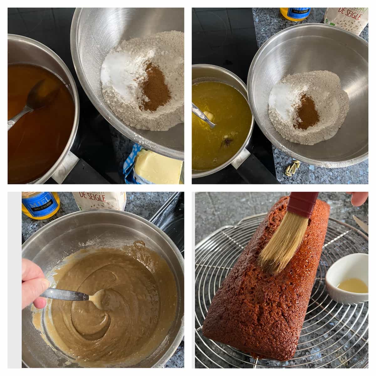 step by step heating honey, water, sugar and spices and mixing with flour and baking soda to make a gingerbread loaf