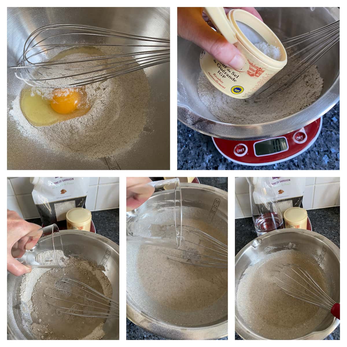 adding an egg, salt and water gradually to buckwheat flour to make a thin batter