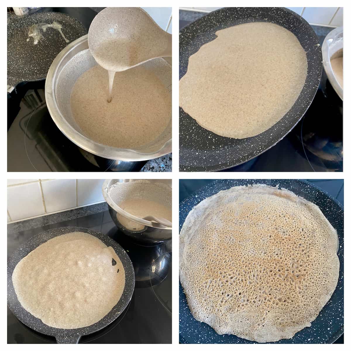 pouring thin buckwheat batter to make thin pancakes
