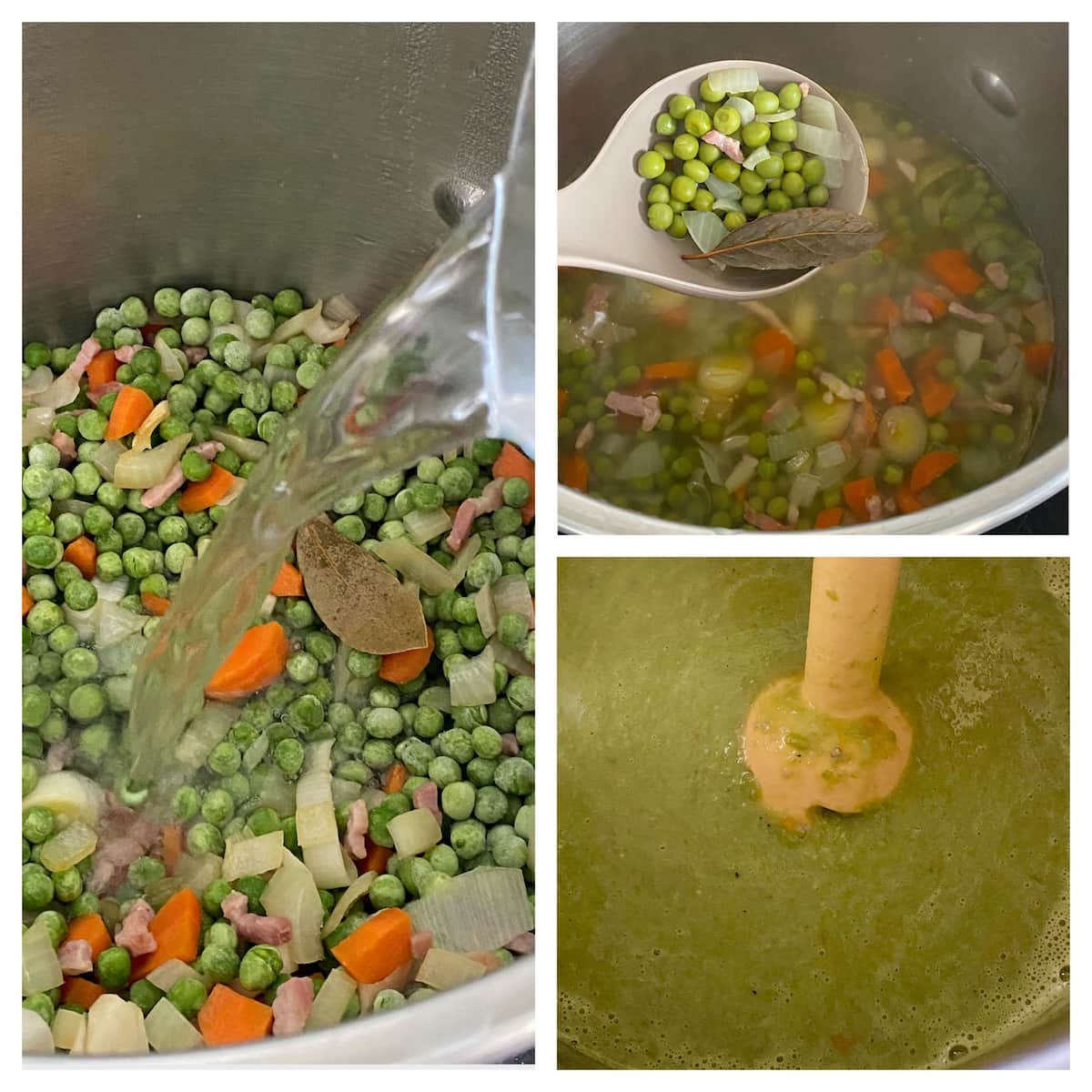 adding water to peas, leeks and carrot in a pot and mixing with a blender