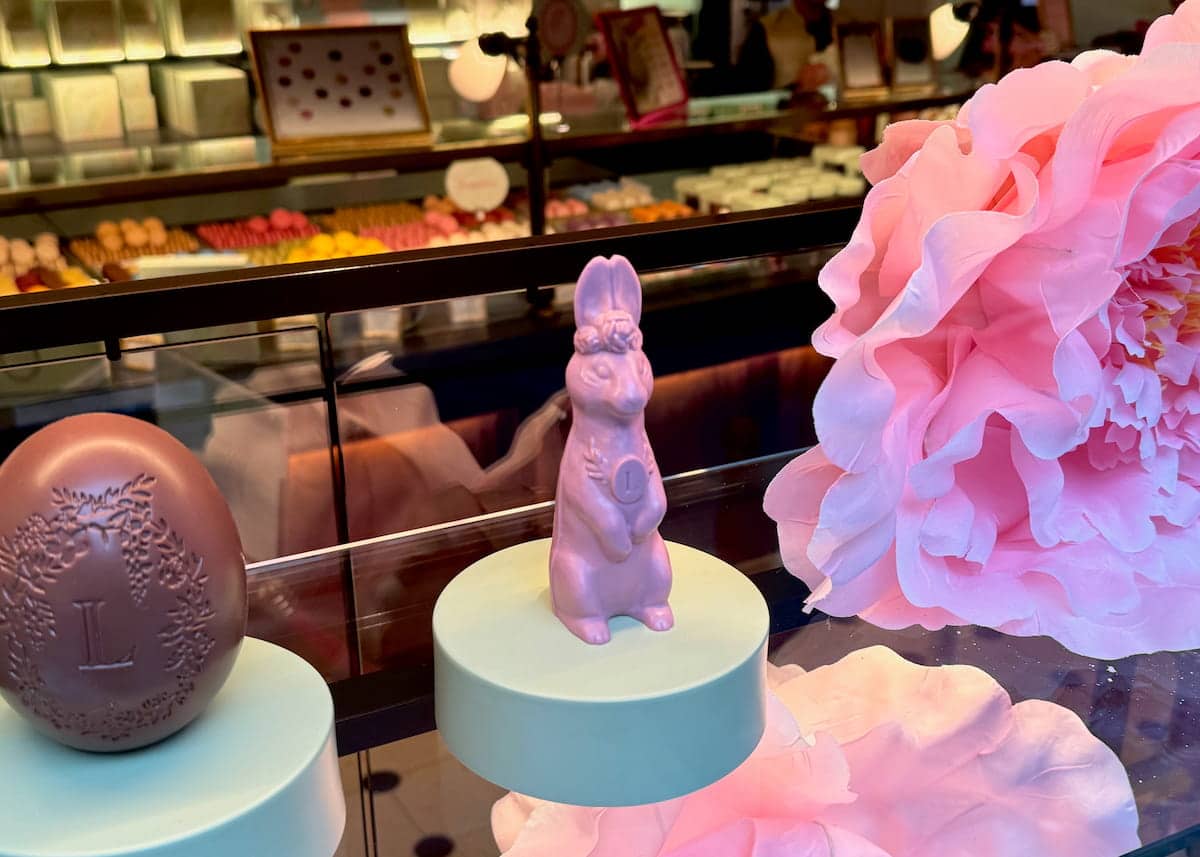 pink Easter chocolate bunny in a Paris window