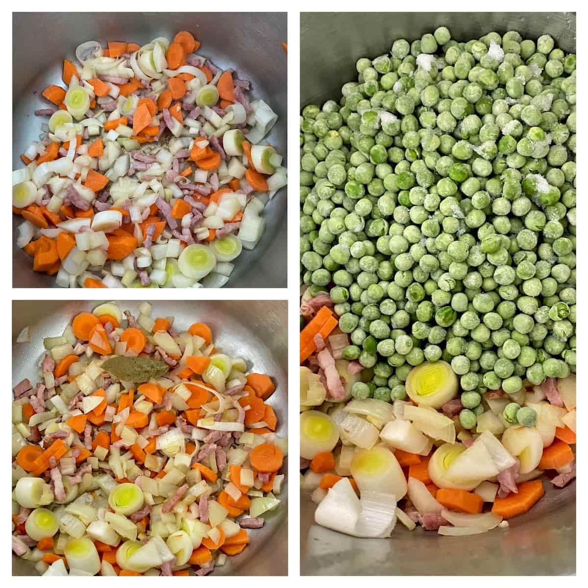 3 steps in the soup pot of stewing the vegetables first with bacon then adding frozen or fresh peas