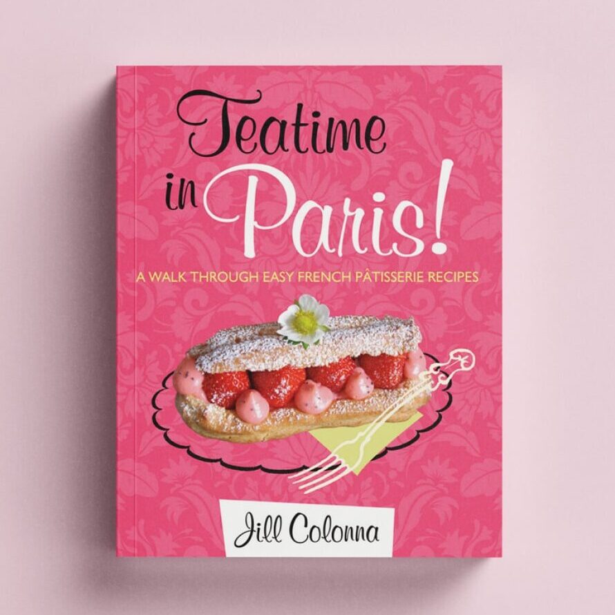 pink cover of patisserie recipe book Teatime in Paris by Jill Colonna