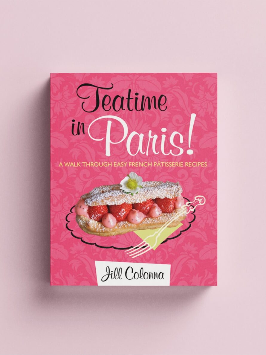pink cover of patisserie recipe book Teatime in Paris by Jill Colonna
