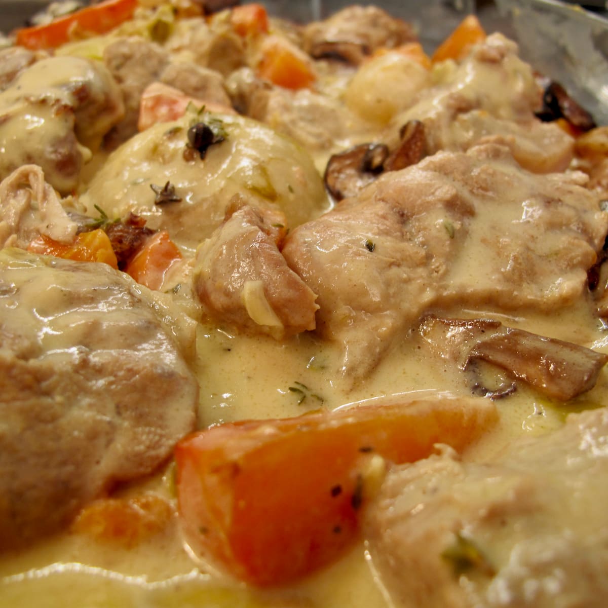 pot of bubbling stew with carrots and mushrooms