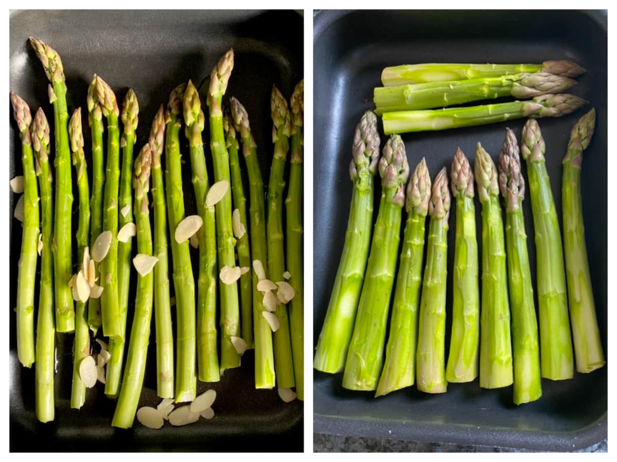 2 images showing thin asparagus spears compared to thicker in a roasting tin