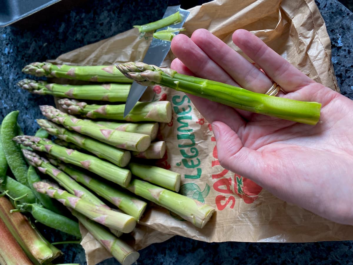 trimming a green asparagus spear