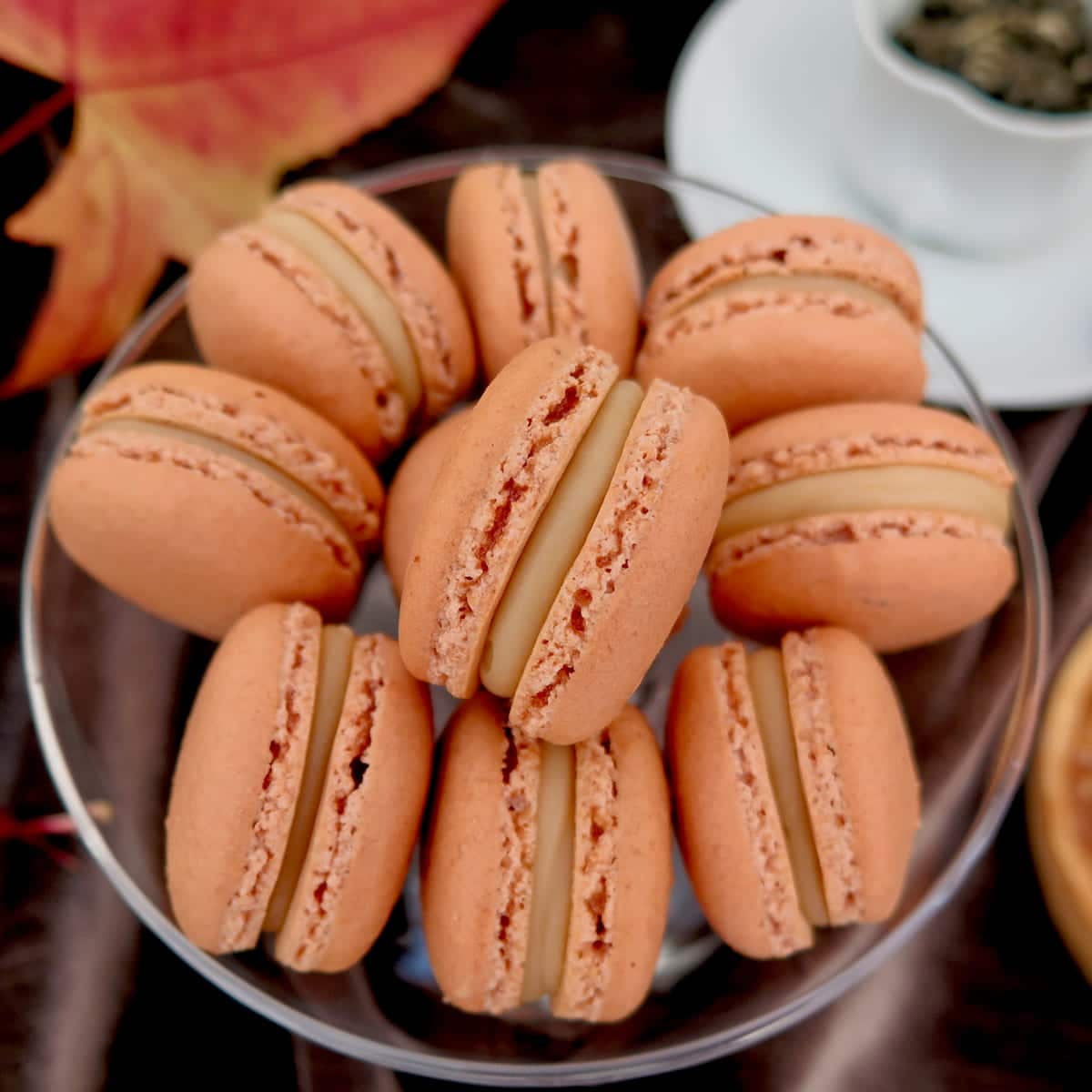 close up of perfect French macarons with frilly feet and filled with creamy salted caramel