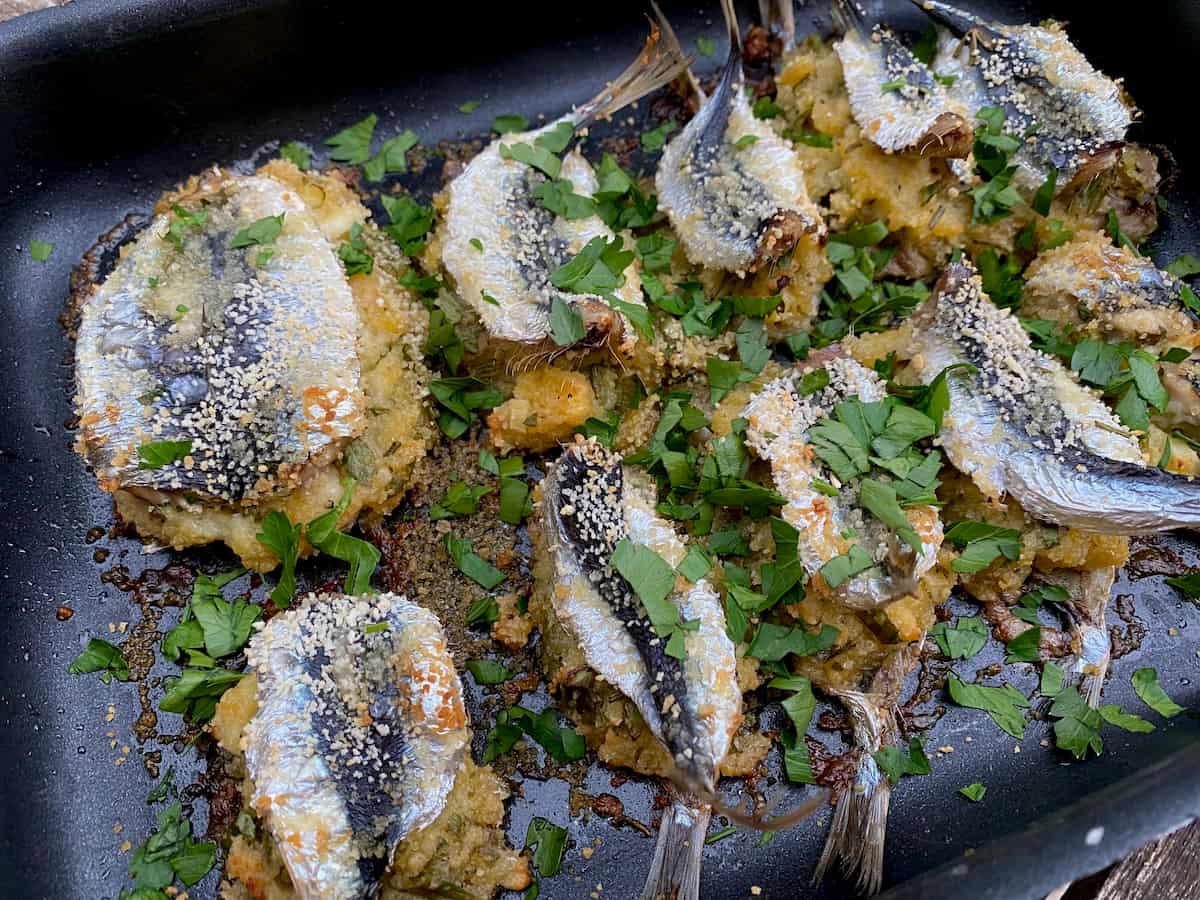 rows of whole sardines sandwiched together with a breadcrumb stuffing and topped with breadcrumbs