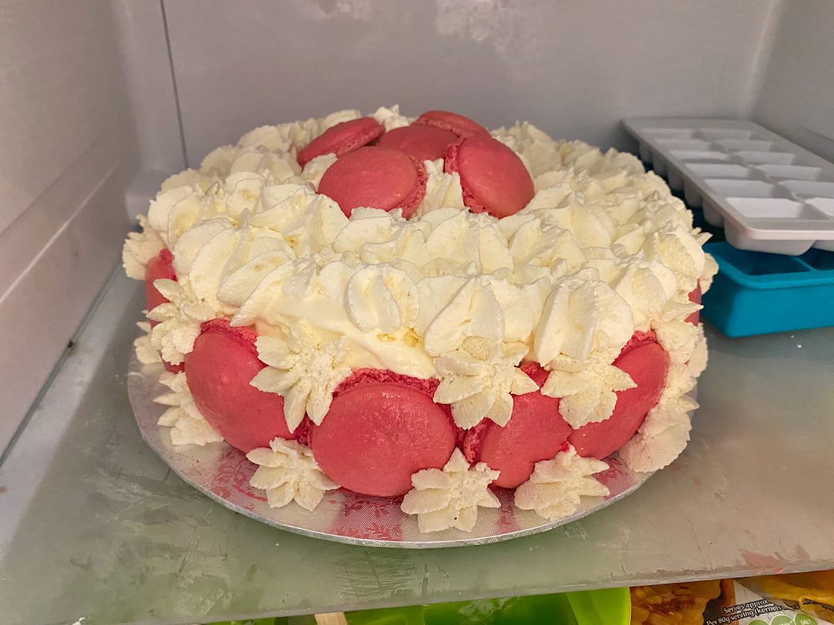 a French vacherin topped with Chantilly cream and pink macarons sitting in the freezer